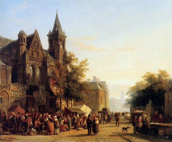 City view with figures by Cornelis Springer